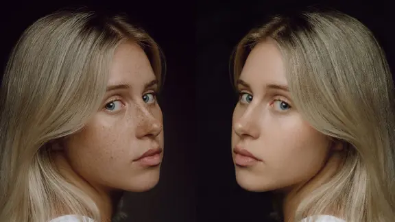 Links das echte Foto einer Frau, rechts ihr von der KI erstellter digitaler "Zwilling" ohne Sommersprossen.