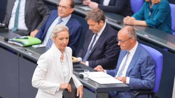 AfD-Chefin Alice Weidel und Kanzler Friedrich Merz im Bundestag