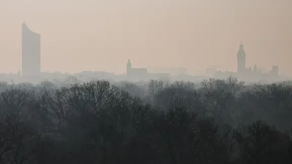 Die Skyline von Leipzig am Morgen mit Bäumen im Vordergrund und leicht rötlichem Himmel