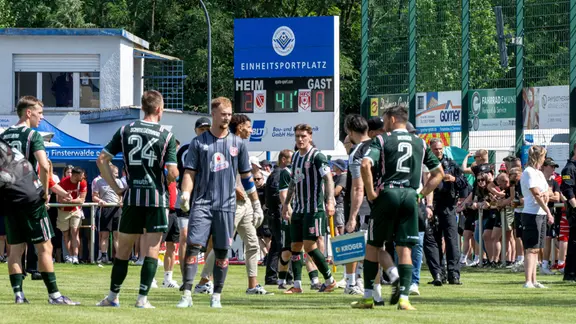 Spieler des Halleschen FC stehen nach dem Spielabbruch auf dem Rasen.