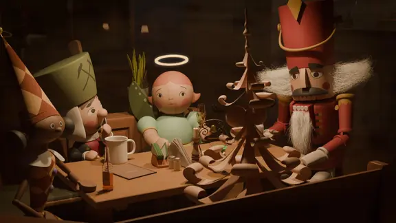 Erzgebirgische Figuren sitzen an einem Stammtisch.