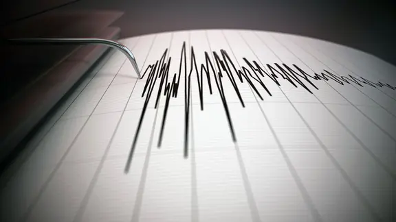 Seismographendaten eines großen Erdbebens. Seismische Wellen auf der Berichtsseite. 3D-Darstellung
