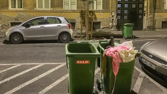Nächtliche Straße in Budapest (Ungarn) mit zwei grünen, offenen Mülltonnen und am Boden herumliegendem Müll